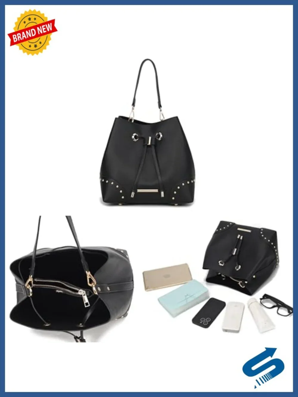 Vegan Leather Bucket Bag with Wristlet Wallet, Hobo Handbag Set, Crossbody